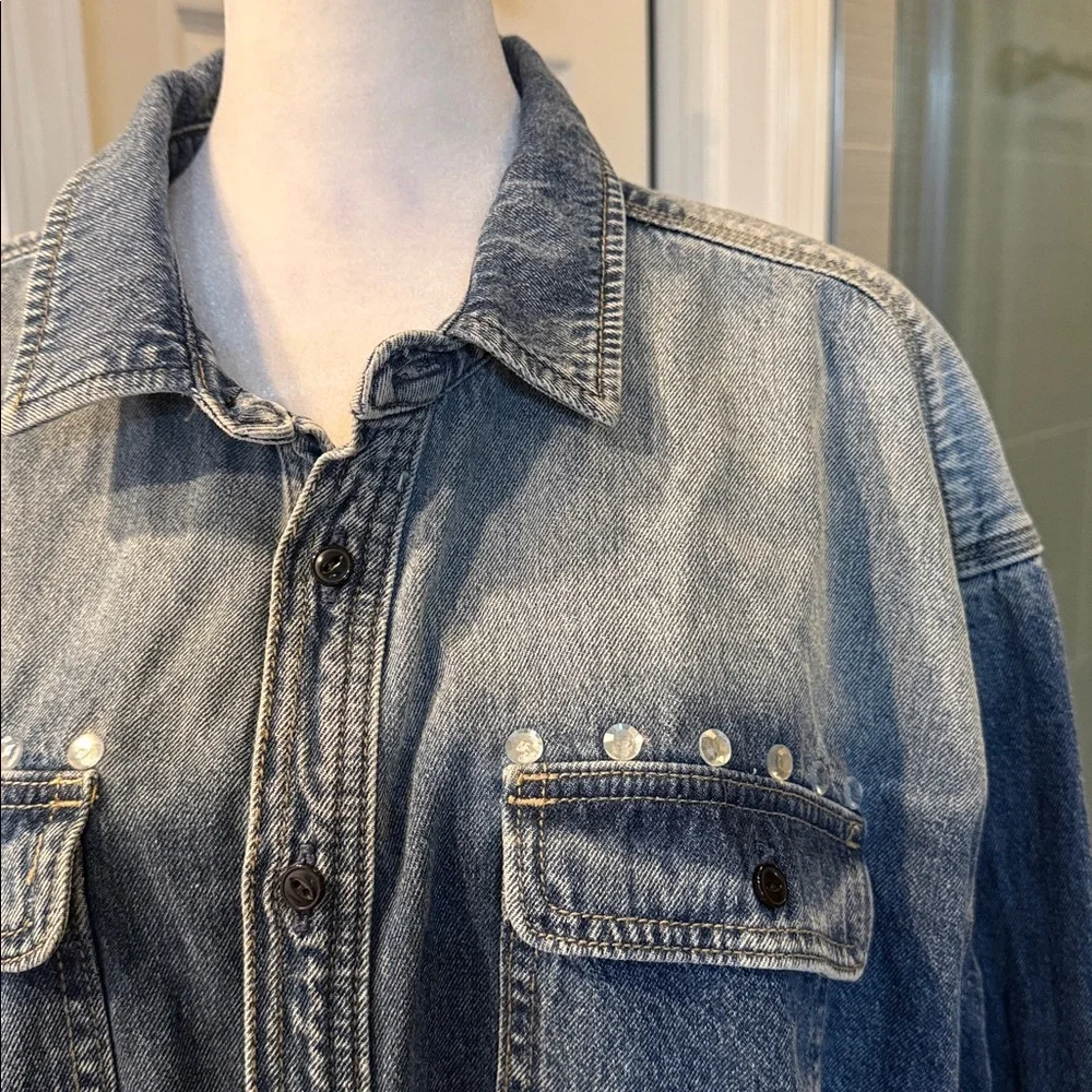 Rebecca Minkoff Jean Cropped Boxy Denim Shirt Jacket Crop Raw Hem Jewels XL - Picture 4 of 10